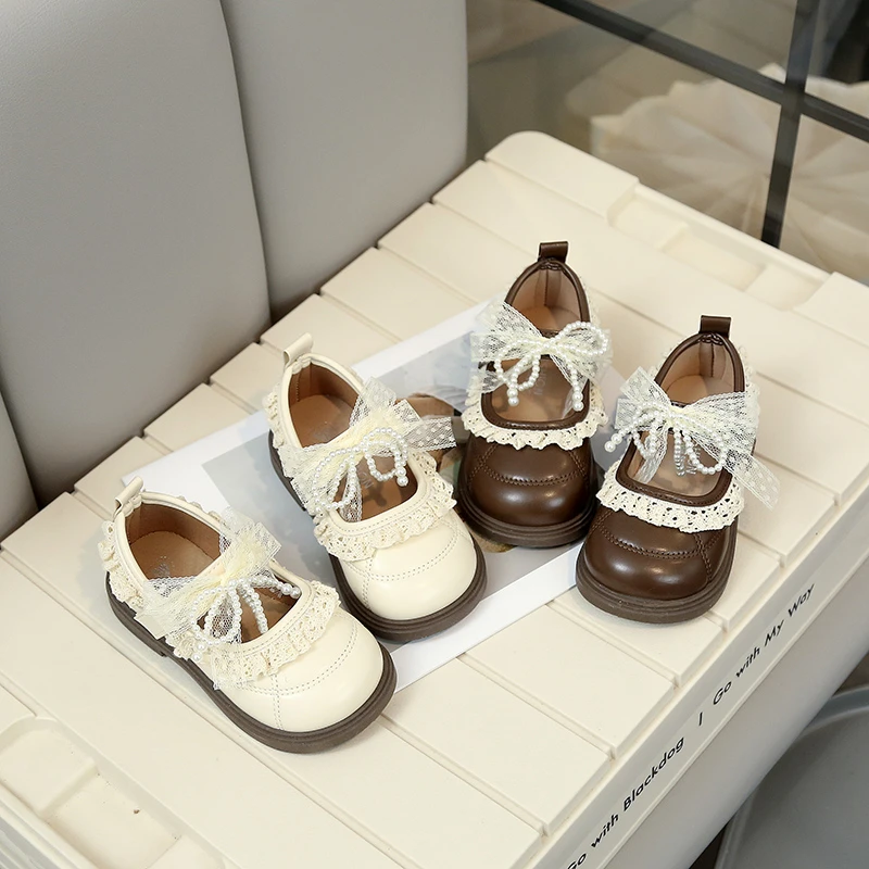 

Baby Girls Princess Leather Shoes with Sweet Lace Bow 2026 New Spring Kids School Mary Jane Flats Soft Sole Elegant Party Shoes