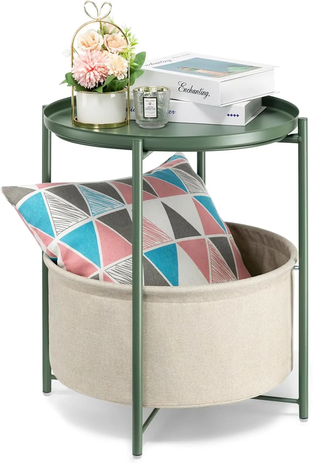 

Round Side Table with Fabric Storage Basket, Metal Side Table Small Bedside Table Nightstand