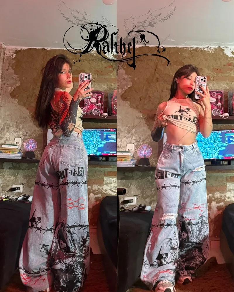 New Fashion Harajuku Gothic Letter Cartoon Print Oversized Washed High Waist Pants Women Y2K Casual Streetwear Rock Loose Jeans