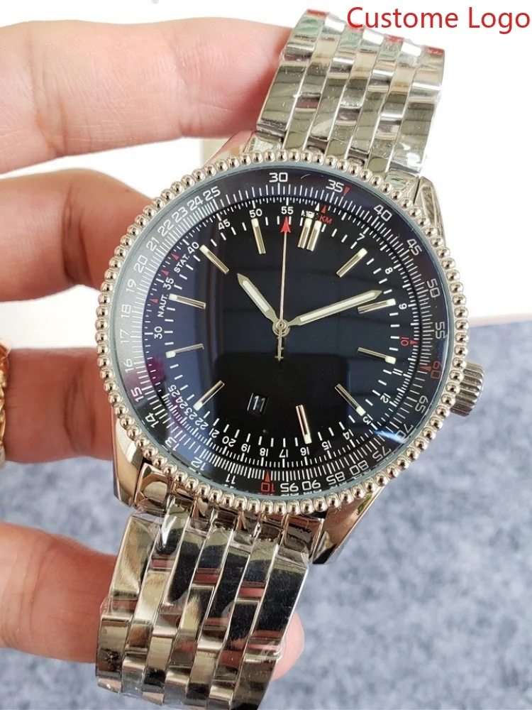 Men Pilot Aviator Watch Stainless Steel Metal Bracelet Luminous Calendar Wristwatch Vintage Aviation Slide Rule Bezel Business Sport Waterproof Male Dress Watches 2 Colors