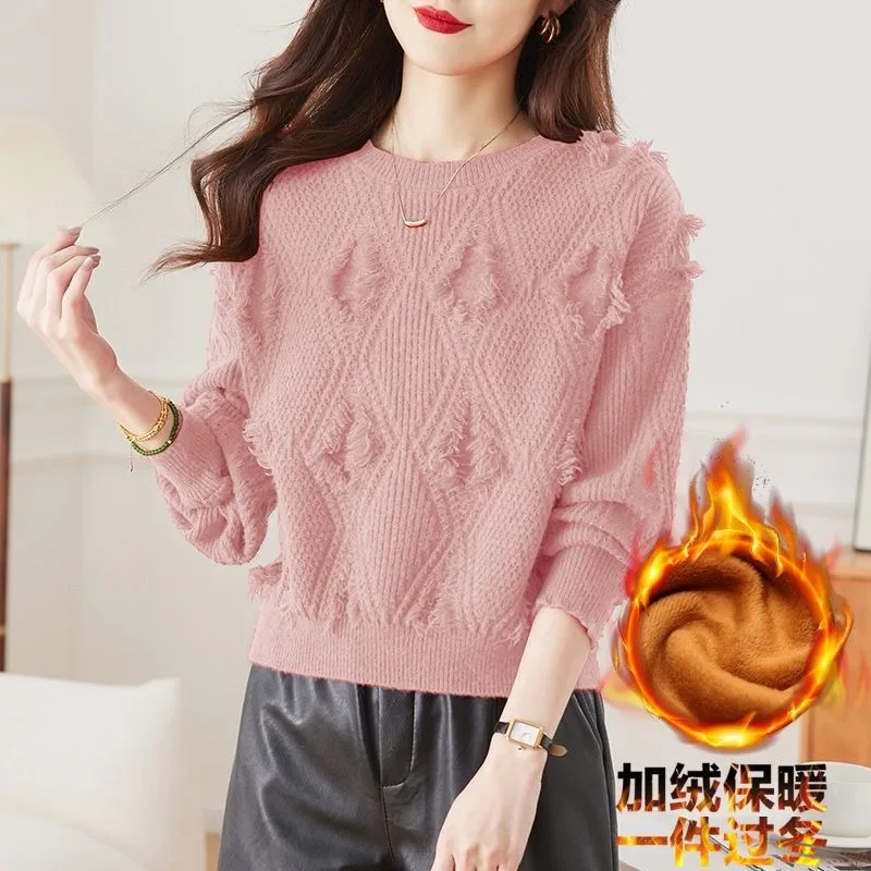 Einfarbiger Rundhalspullover mit Quasten, Herbst- und Winterpullover im Laternenstil, lockeres Oberteil