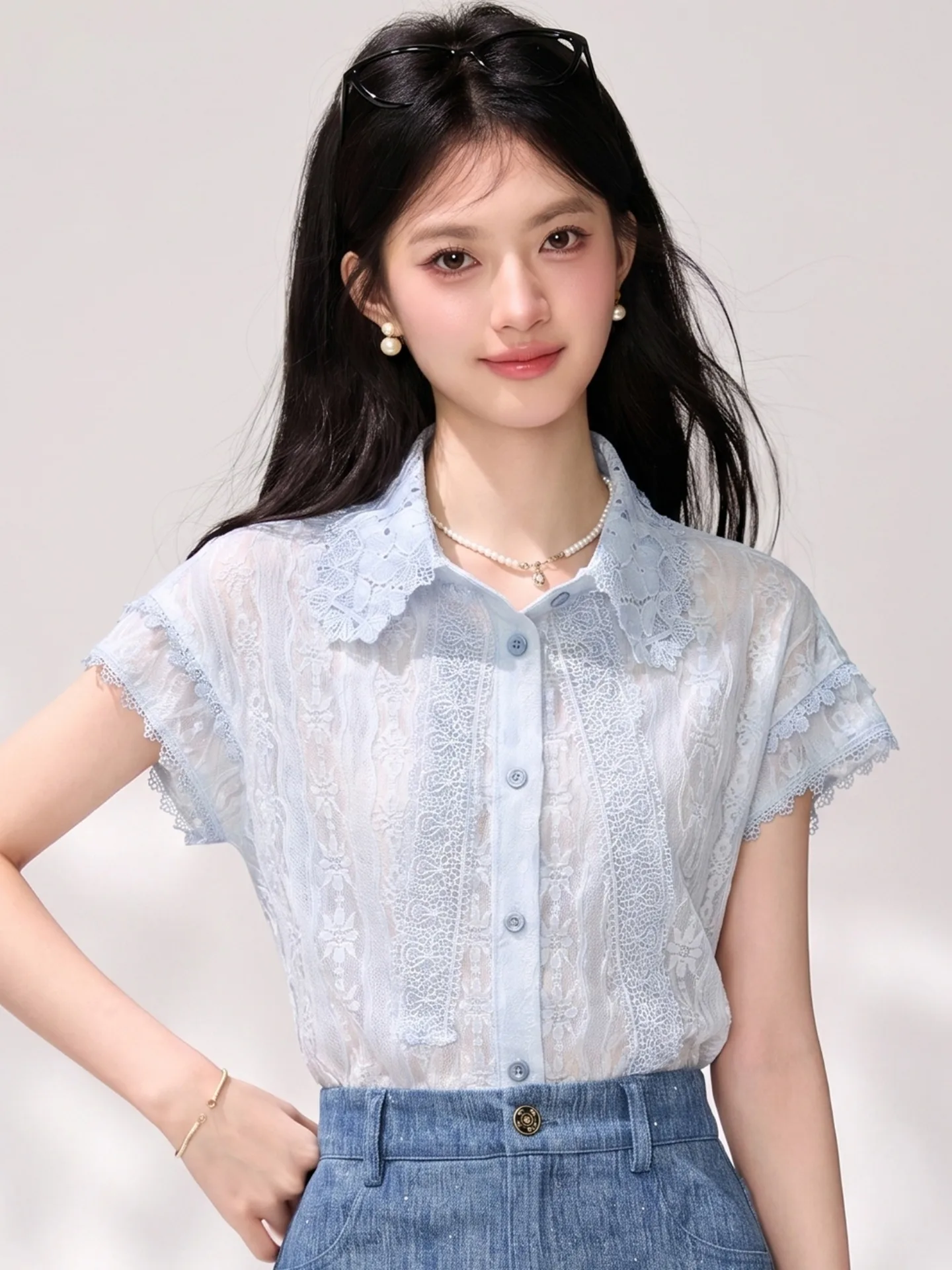 

Blue Lace Insert Waist Cinching Collar Short Sleeve Shirt for Women Unique Design Breathable Lightweight Summer Top