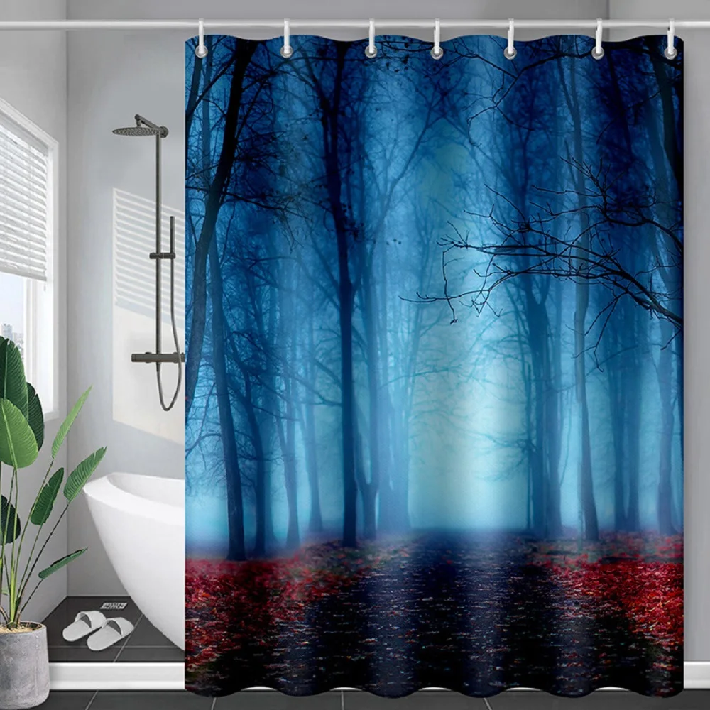 

Forest Shower Curtain Autumn Mystic Foggy Enchanted Woods Wild Trees Print Waterproof Fabric Bathroom Bath Curtains with Hooks