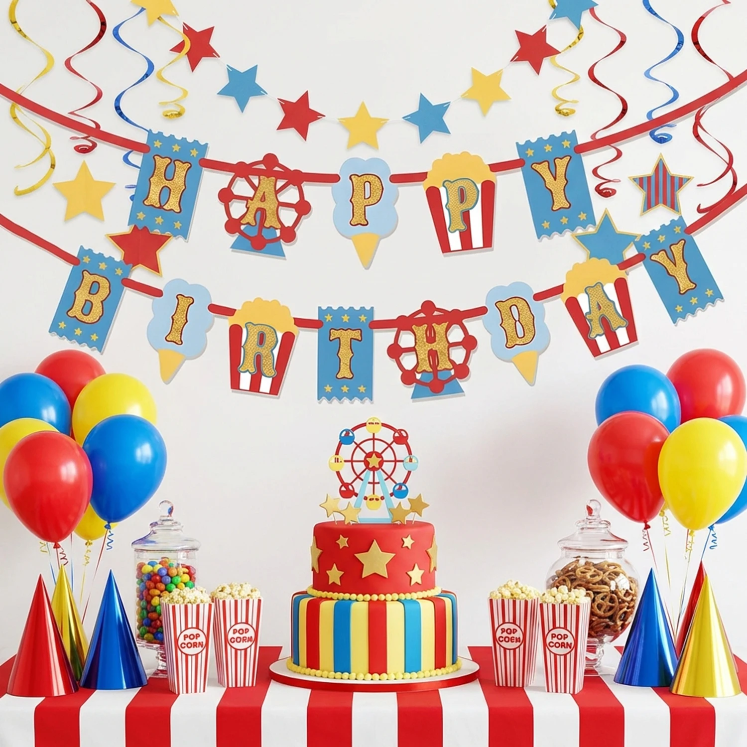 Zirkus-Karneval Geburtstagsparty-Dekorationen Clown-Thema Banner Hängende Wirbel Lustige Karnevalsparty-Zubehör für Kinder – Detail 1
