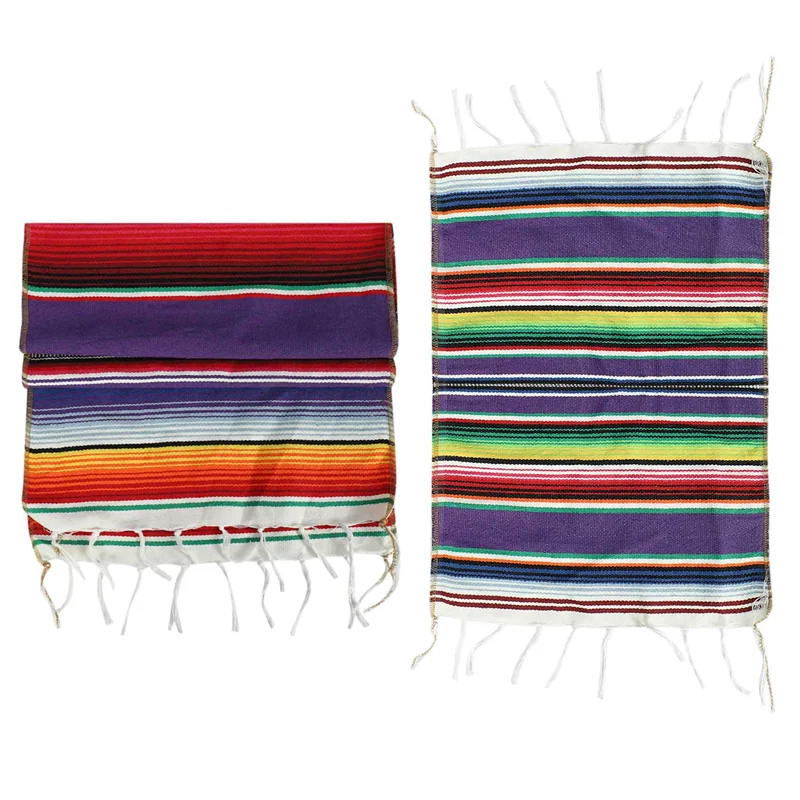 

A50I Mexican Table Runner With Place Mats,Mexican Assorted Place Mats 14 X 84 Inch (2 Purple Table Runner + 16 Placemats)