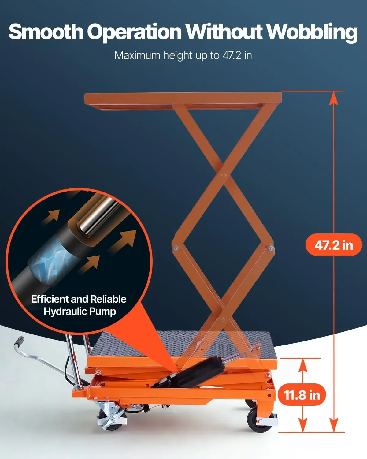 [مخزون محدود، اشتر الآن! ]طاولة رفع هيدروليكية، سعة 500 رطل، ارتفاع الرفع 47.2 بوصة، عربة طاولة رفع مقصية مزدوجة مع 4 عجلات