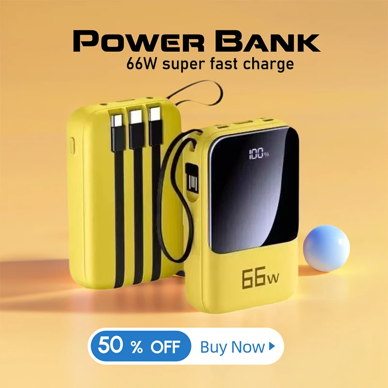 

66W Fast Charging Mini Comes with Line Power Bank 20000 MAh Large Capacity Fast Charging Portable Mobile Power Supply for Xiaomi