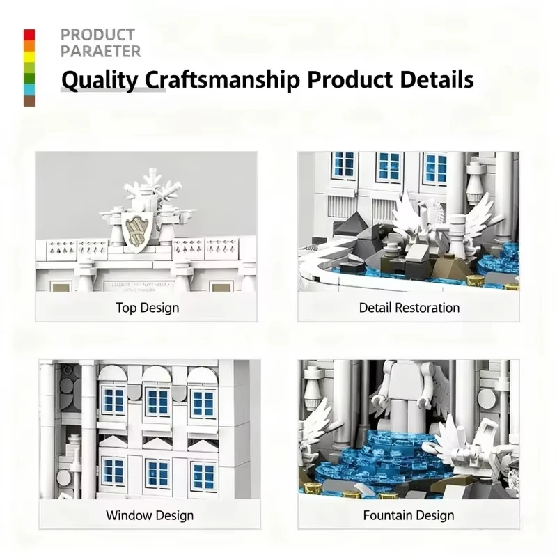 이탈리아 로마 위시 분수 - 트레비 분수 650개 블록, DIY 미니어처 건축 모델, 도전적인 조립 및 전시 선물