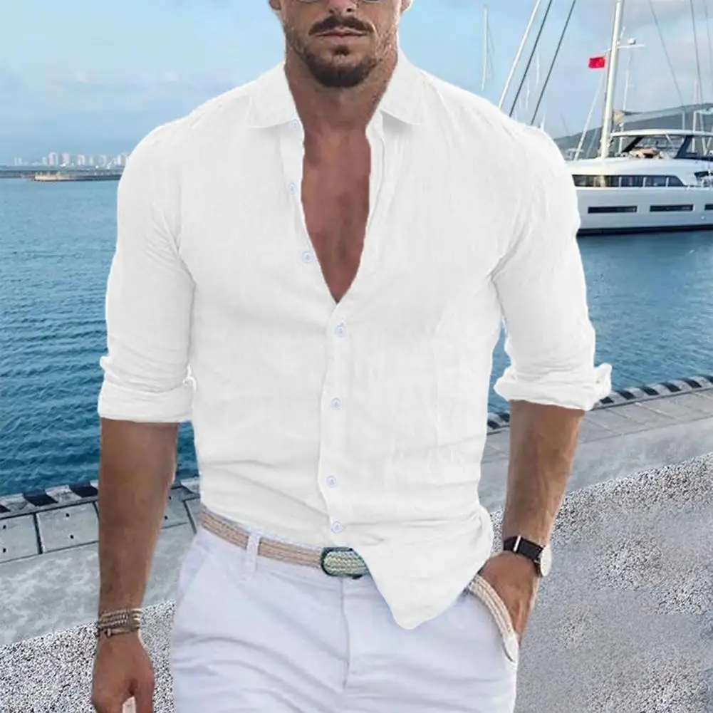 Button Men Shirt Solid Color Men Shirt Stylish Men's Office Shirts Slim Fit Soft Breathable with Turn-down Collar for Spring