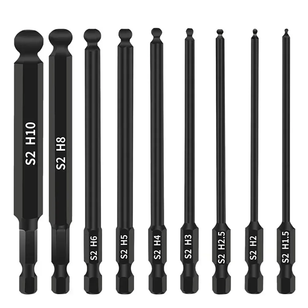 9pcs 1.5mm-10mm Hex Screwdriver Bit Set 100mm Length 1/4 Inch Shank Long Ball End Ball Magnetic Hex Screwdriver Bit Hand Tools