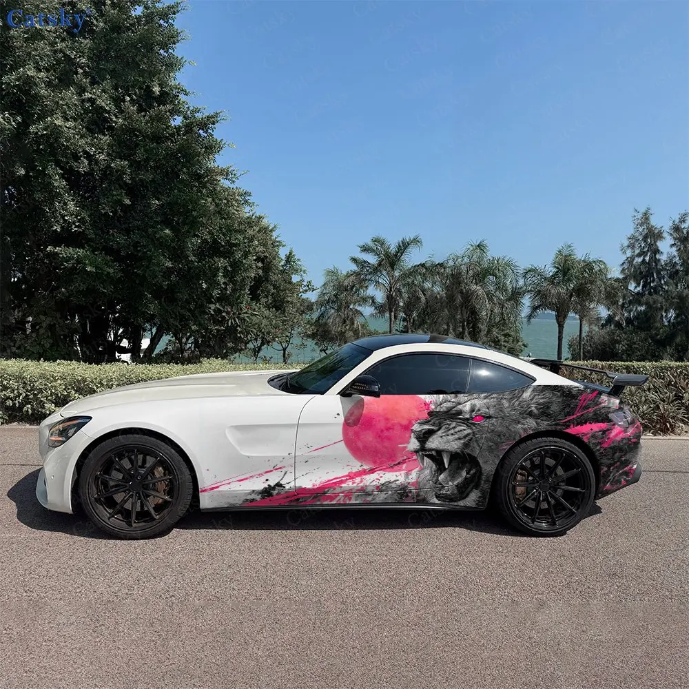 2pcs Street Art Splatter Lion Head Car Side Wraps, Self-Adhesive PVC Waterproof & Scratch-Resistant Stickers, Car Accessory Gift