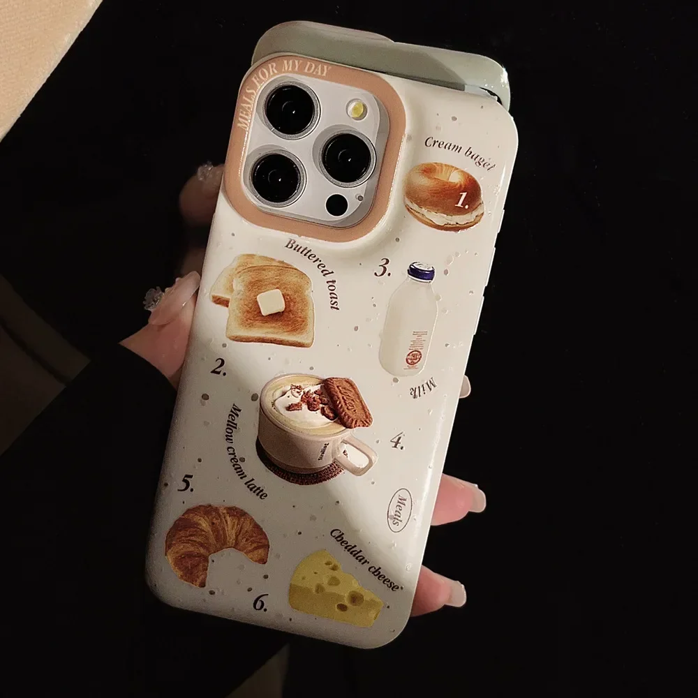 Toast bread coffee cappuccino Illustration Phone Case For iPhone 16 15 14 13 12 Pro Max Xr 15 14 16 Plus Case Cute cartoon Cover