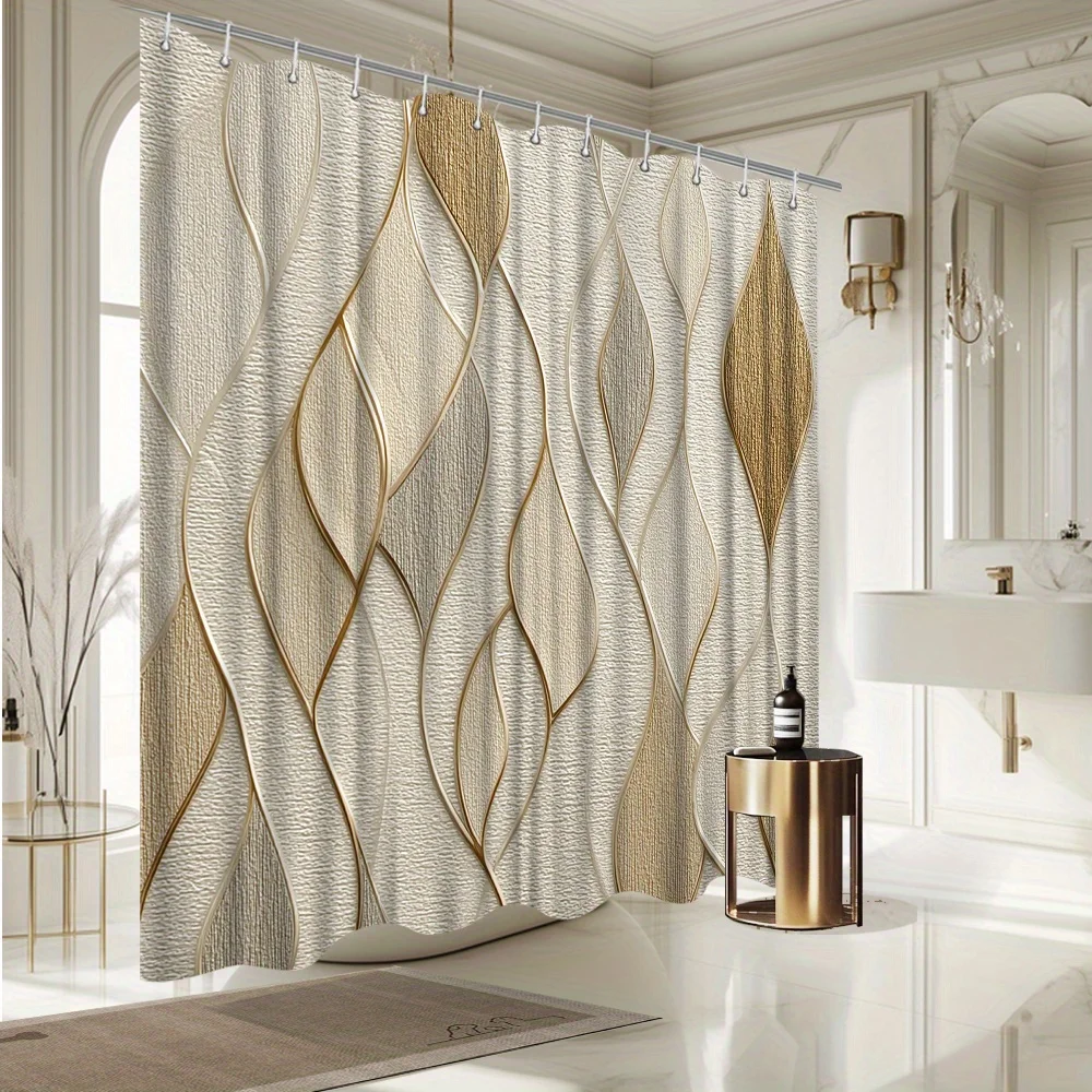 Elegant Waterproof Shower Curtain Gold Abstract Pattern Bathroom Curtain Luxury Modern Decorative Accent Shower Liner