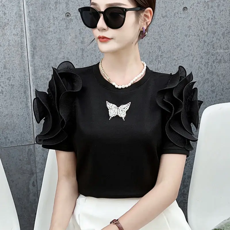 

Fashion O-Neck Spliced Beading Ruffles Blouse Women's Clothing 2023 Summer New Casual Pullovers Loose Short Sleeve Sweet Shirt