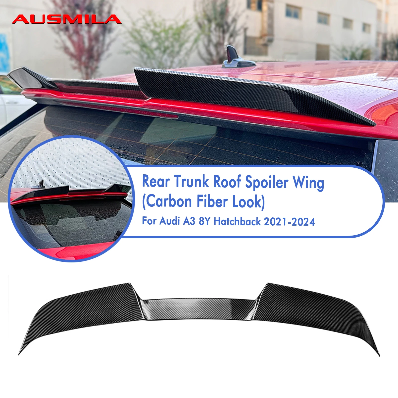 

For Audi A3 8Y Hatchback Sportback 2021-2024 Rear Trunk Roof Spoiler Wing Lip Carbon Fiber Look/Gloss Black Tail Upper Splitter