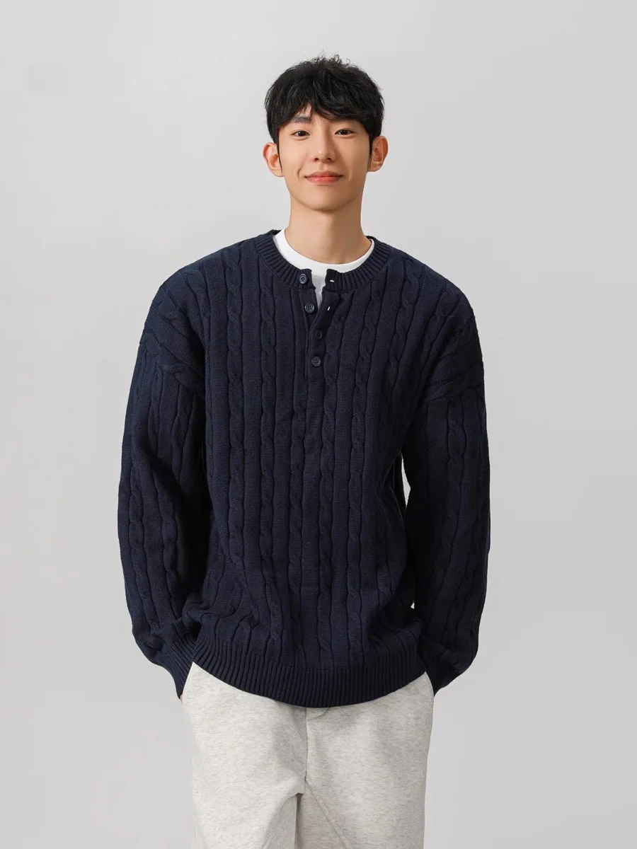 

Мужской вязаный свитер с воротником хенли, зимний базовый слой, с узором косы, свободный крой, теплый, из полиэфирного волокна