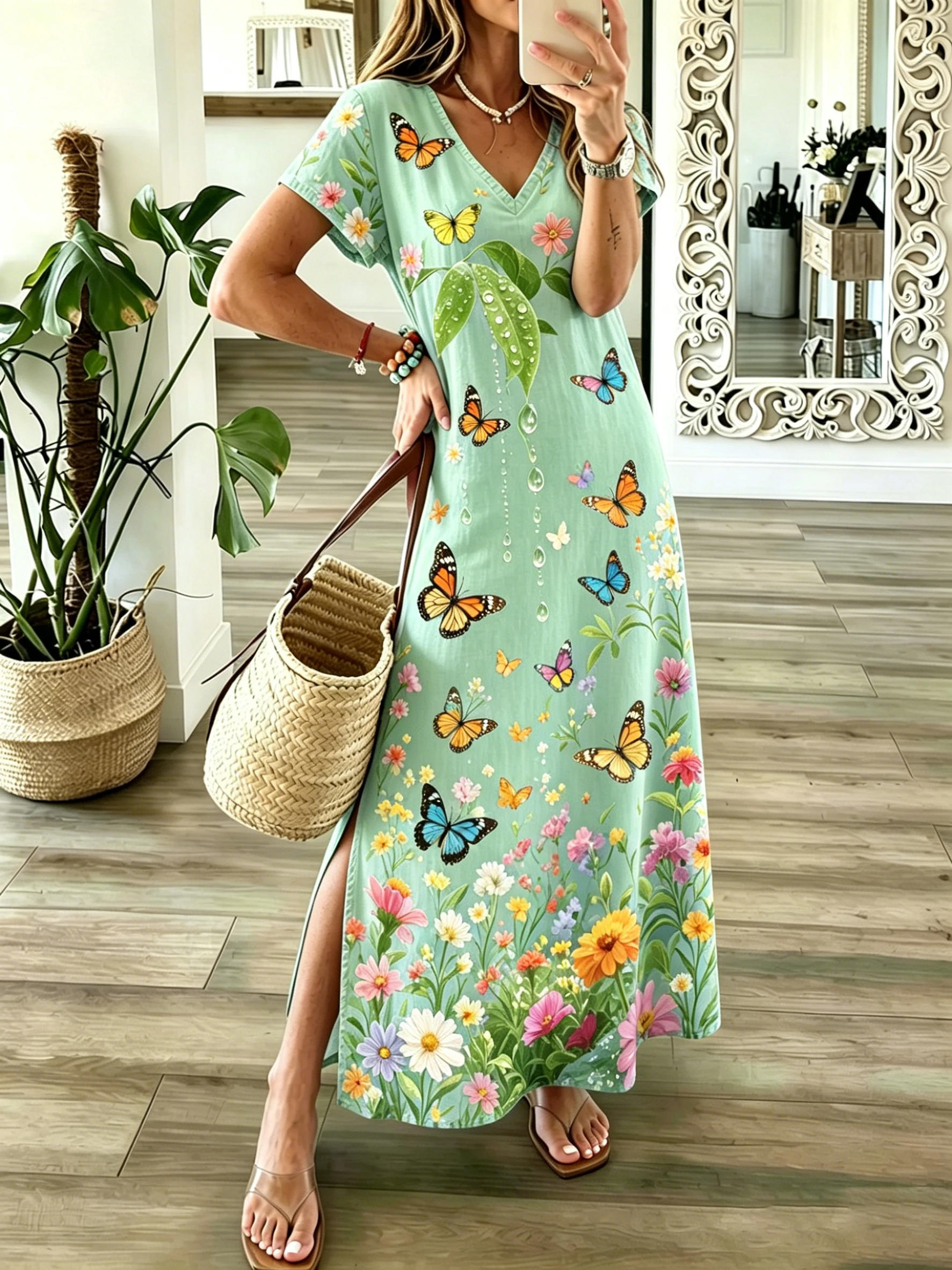 

Vibrant Butterfly & Flower Print Casual Long Dress Women V-Neck Short Sleeve Loose Maxi Dress Spring Holiday Sundress