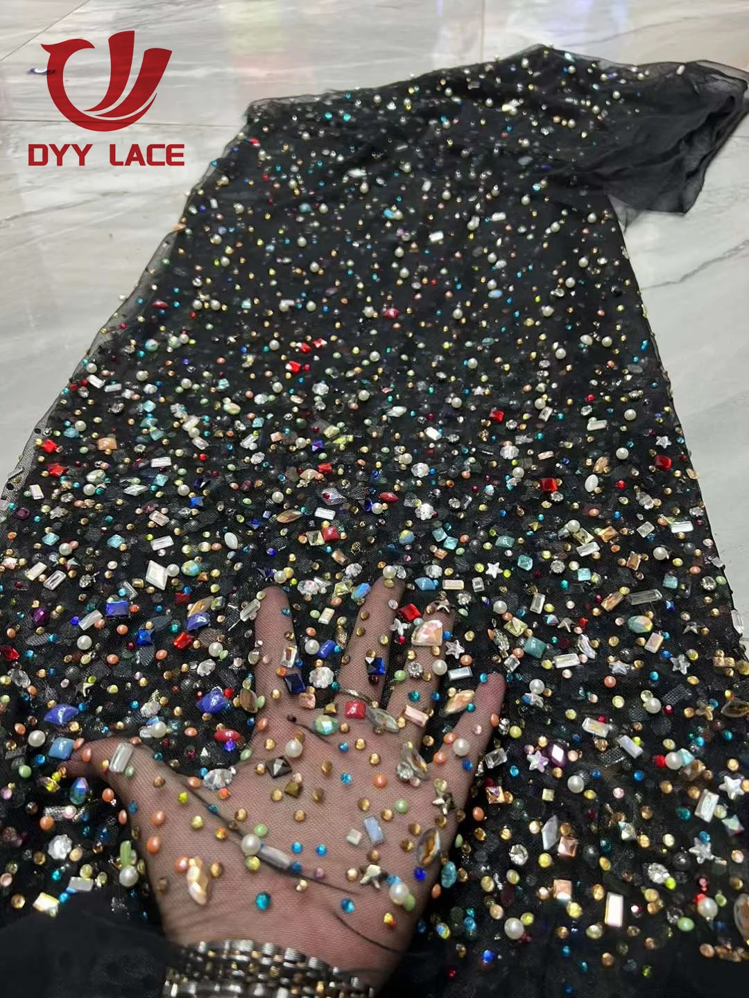 New Design Heavy Stones Nigerian Lace Fabrics African Tulle Net Lace Luxury Crystal Stones Beads Fabrics For Wedding 5 Yards