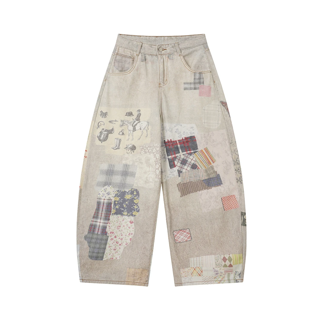 New European And American Retro Jigsaw Print Jeans Scimitars Wide Leg Pants Street Casual Pants