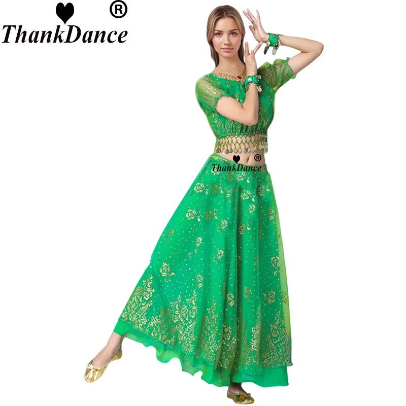 

2 шт., женский индийский костюм для танца живота Болливуда, танцевальное сари, Болливуд, танец живота, сценическое выступление, шифоновый танец, топ, юбка, комплект