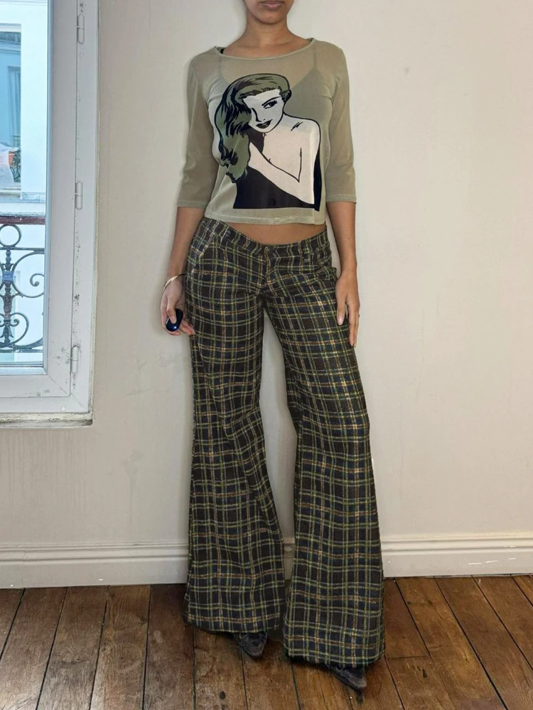 SsTss Pantalones a cuadros retro americanos para mujer, pantalones acampanados holgados de pierna ancha a la moda informal, adecuados para el salón callejero, uso diario