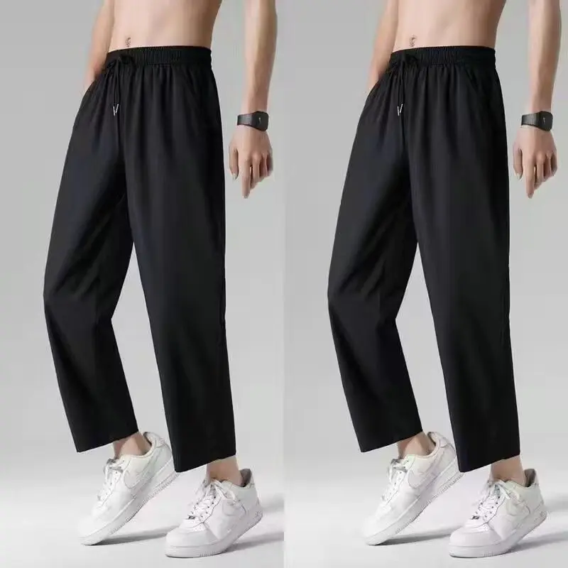 Summer Solid Color Pocket Waist Drawcord Ice Floss Ninth Pants New Classic Broad Leg Loose Tide All-match Male Trousers 2023