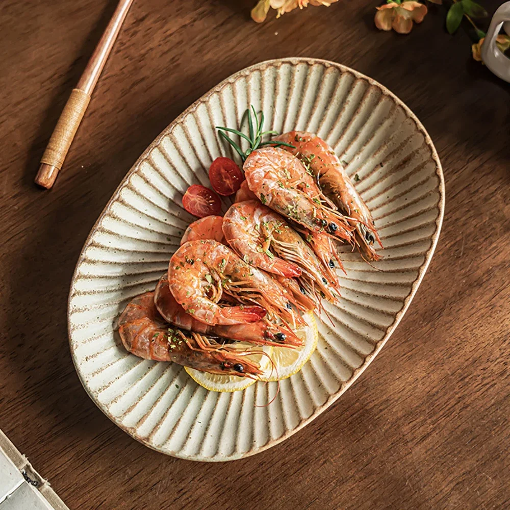 Relief Pattern Oval Plate Retro Ceramic Coarse Pottery Tableware Household Vegetable Fish Fruit Plates Kitchen Supplies