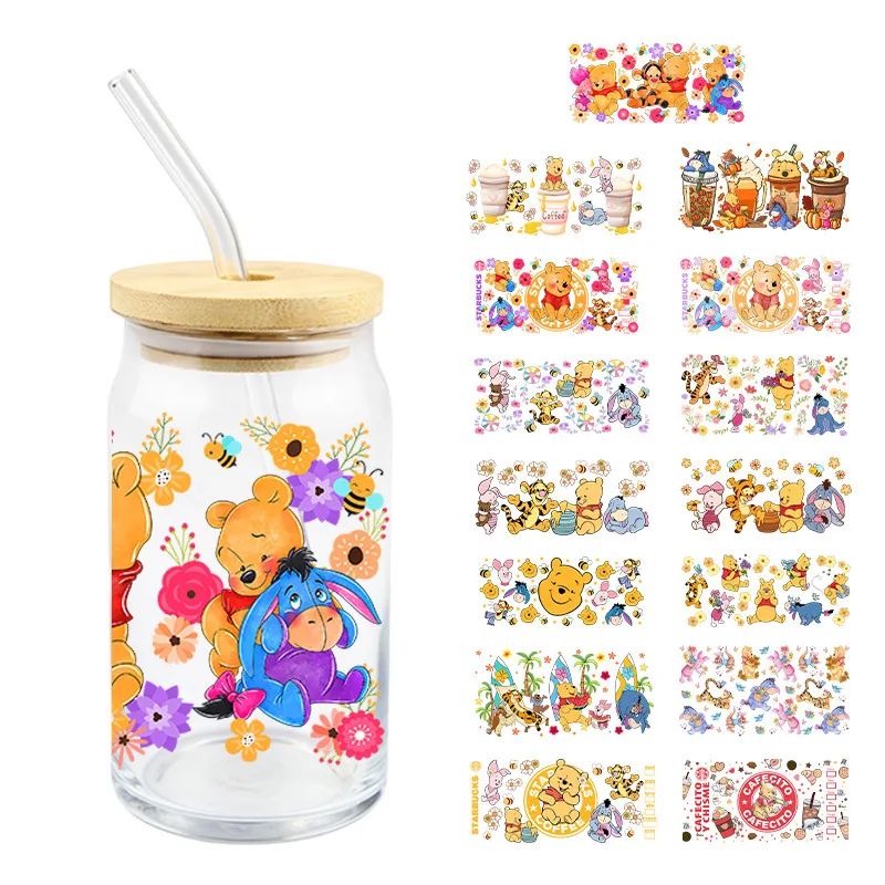 Pooh Bear UV DTF Transfer Crystal Clear Sticker Waterproof Non-marking Cute Cartoon Decorative Sticker for Thermal Cups and Mugs