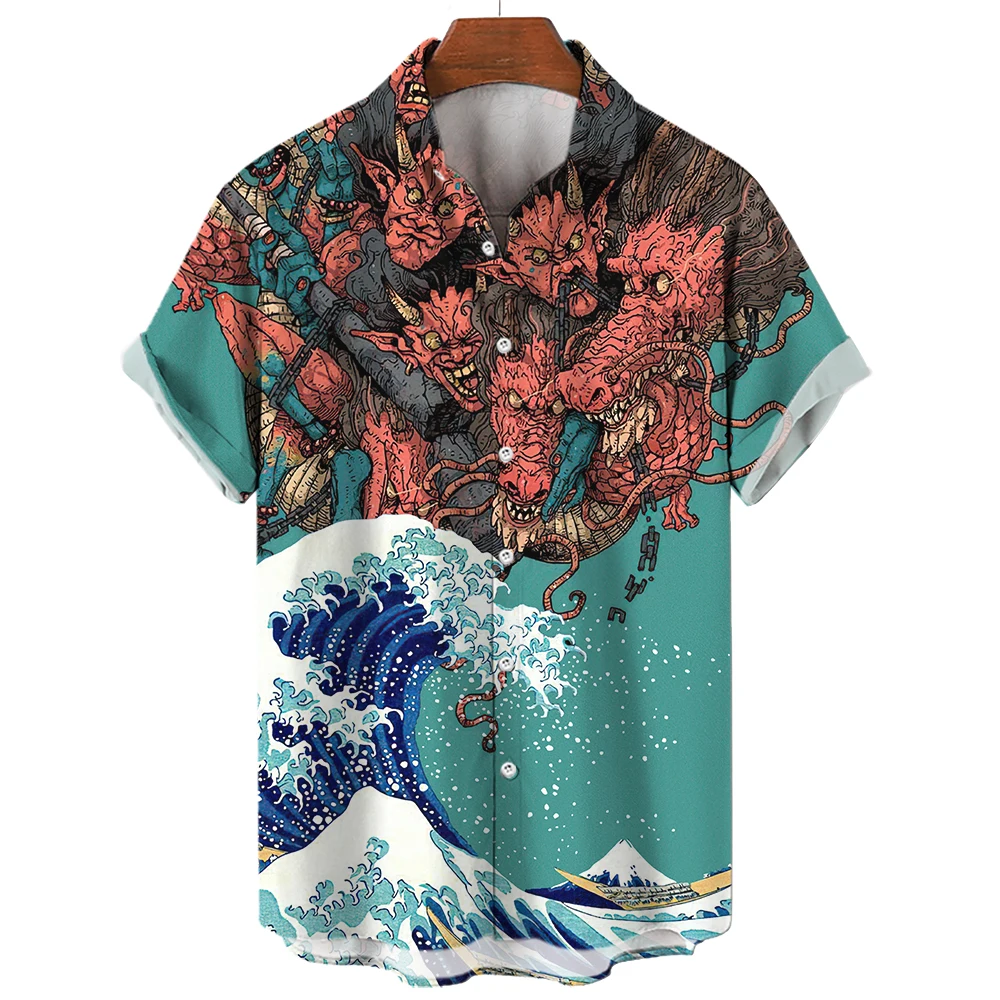 Retro Heren Overhemd Slim Fit Samurai Horror Shirts Japanse Print Camisa Masculina Oversized Casual Hawaiiaanse Overhemden En Blouses