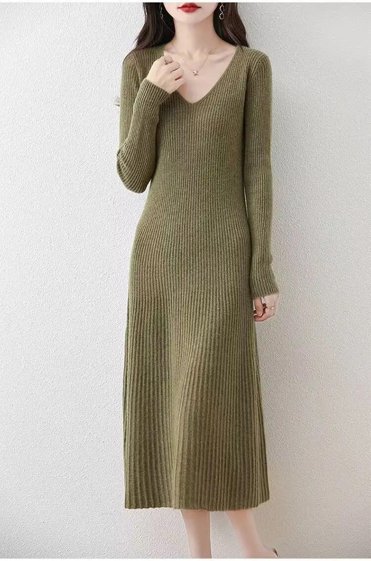 Vestido de punto con cuello en V para mujer, longitud media hasta la pantorrilla, estilo tubo ajustado, ropa de oficina elegante, diseño de jersey de manga larga para Otoño e Invierno
