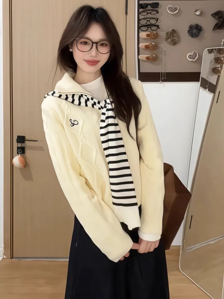 

Chic Early Autumn High School Student Korean Sle Knitted Sweater Coat Women's Slim Fit Long Sve Thermal Color Commute