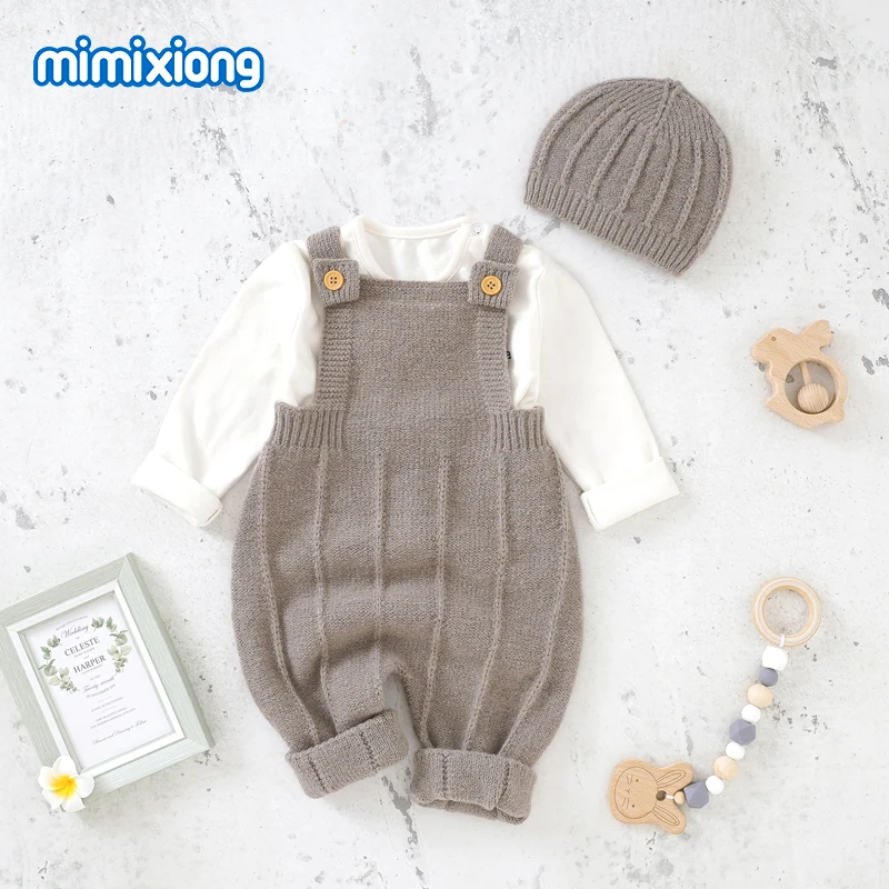 Newborn Baby Rompers Hats Clothes Autumn Solid Knitted Boys Girls Sleeveless Jumpsuits Caps Outfit 0-18m Toddler Infant Playsuit