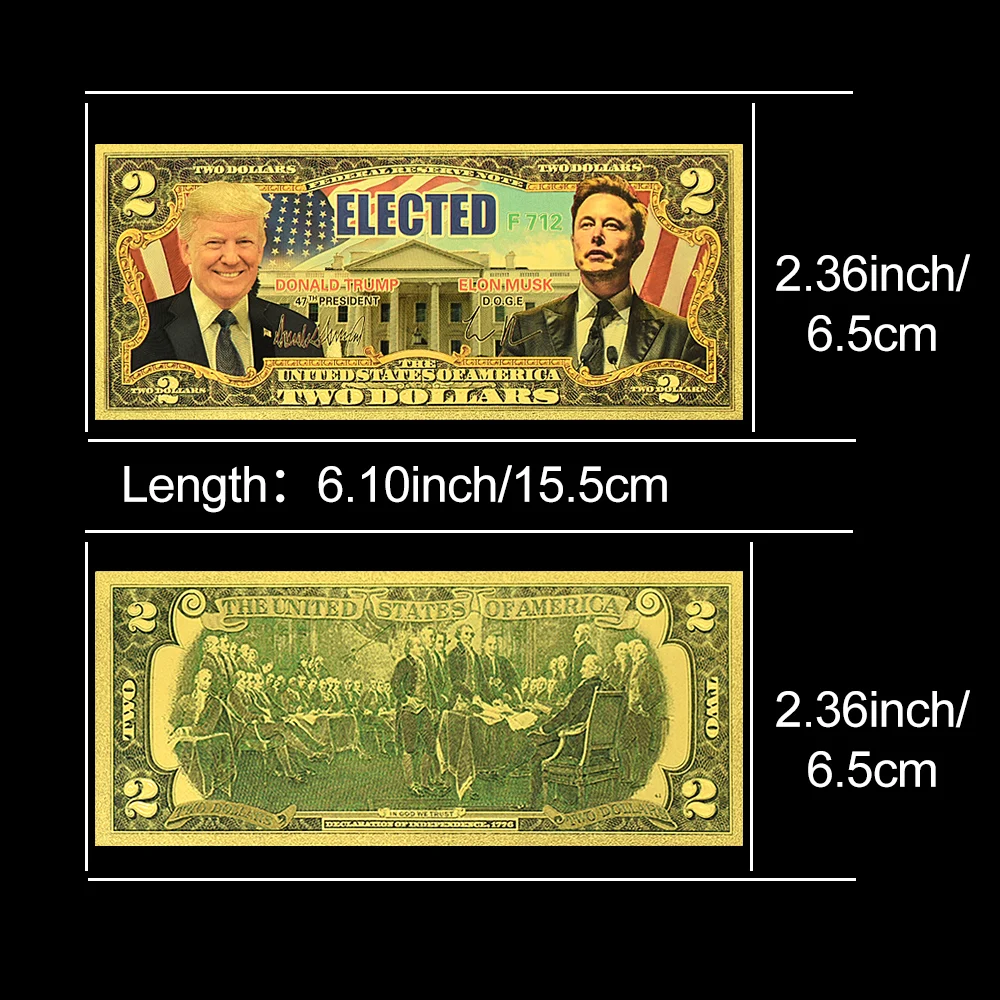 10pcs 2024 US 47th President Donald Trump and DOGE Elon Musk Gold Foil Plastic Commemorative Banknotes