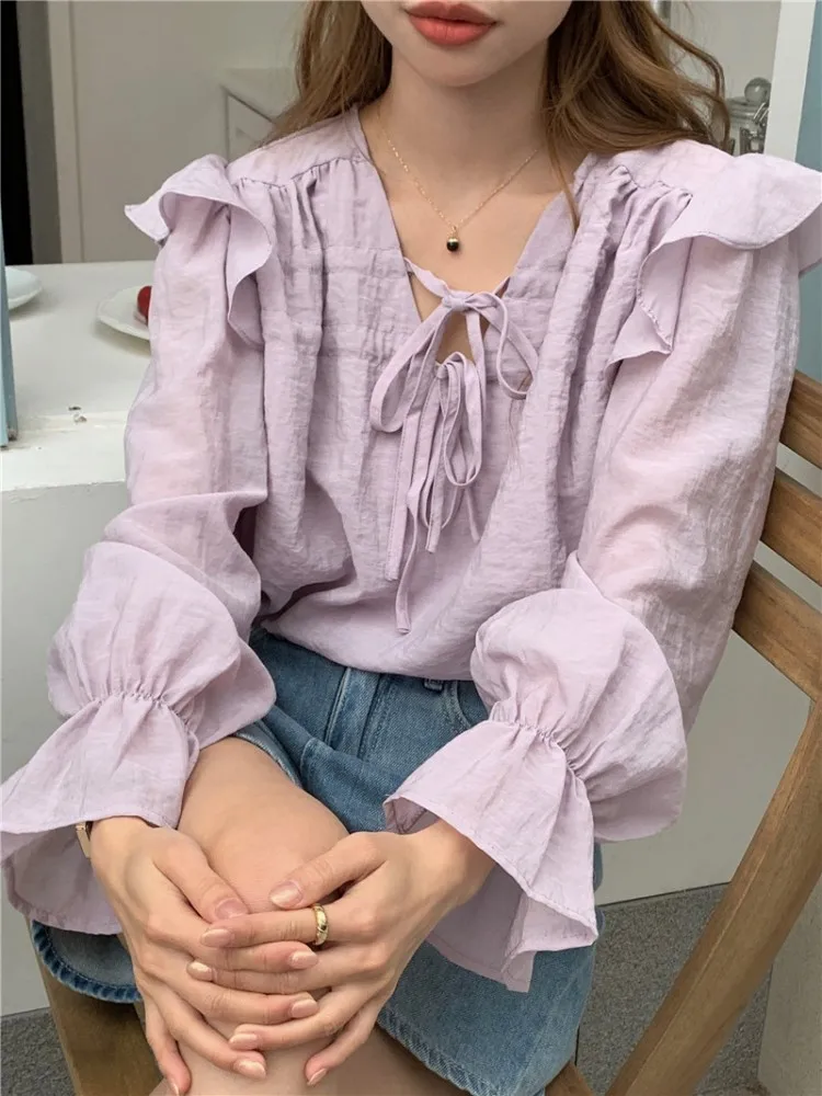 2Colors 2024 Autumn Korean Style Ruffles V neck Long Sleeve Shirt French Lace Up Sweet Blouse Female Outwear tops (G9891