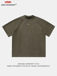 HANLU New Summer Men Suede T-shirt  Embroidery Vintage Hip Hop Oversized T shirt Loose Casual Fashion Line Design Tee Streetwear