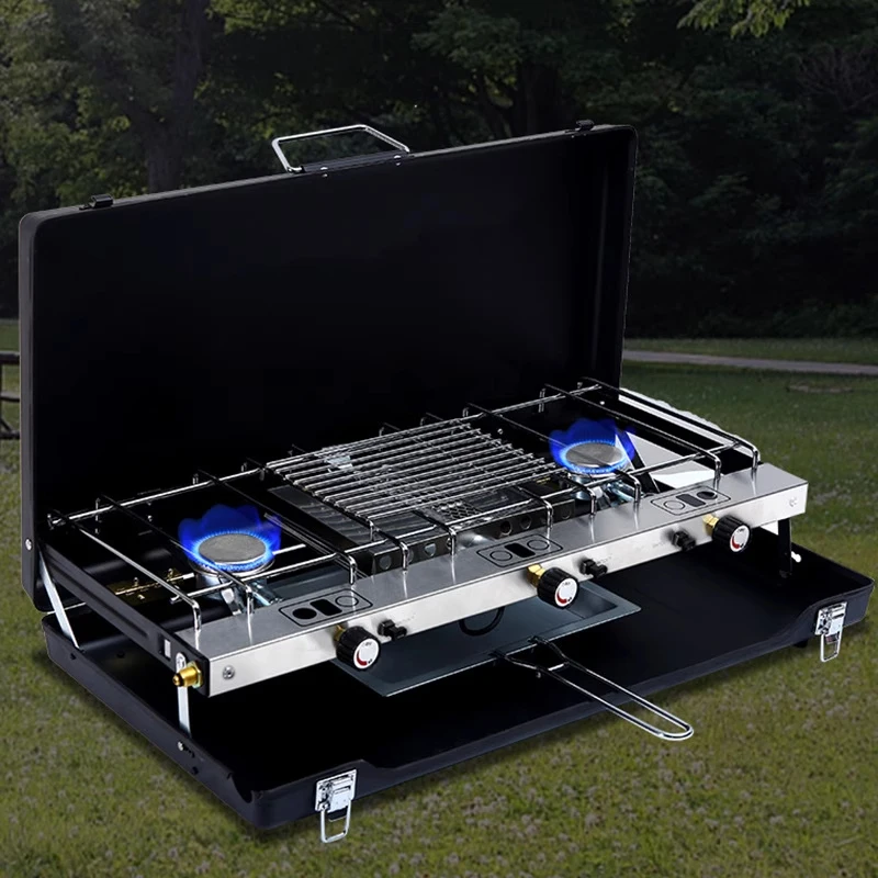 Outdoor double-burner gas stove gas tank barbecue gas stove fierce fire double-burner cassette stove foldable large firepower du