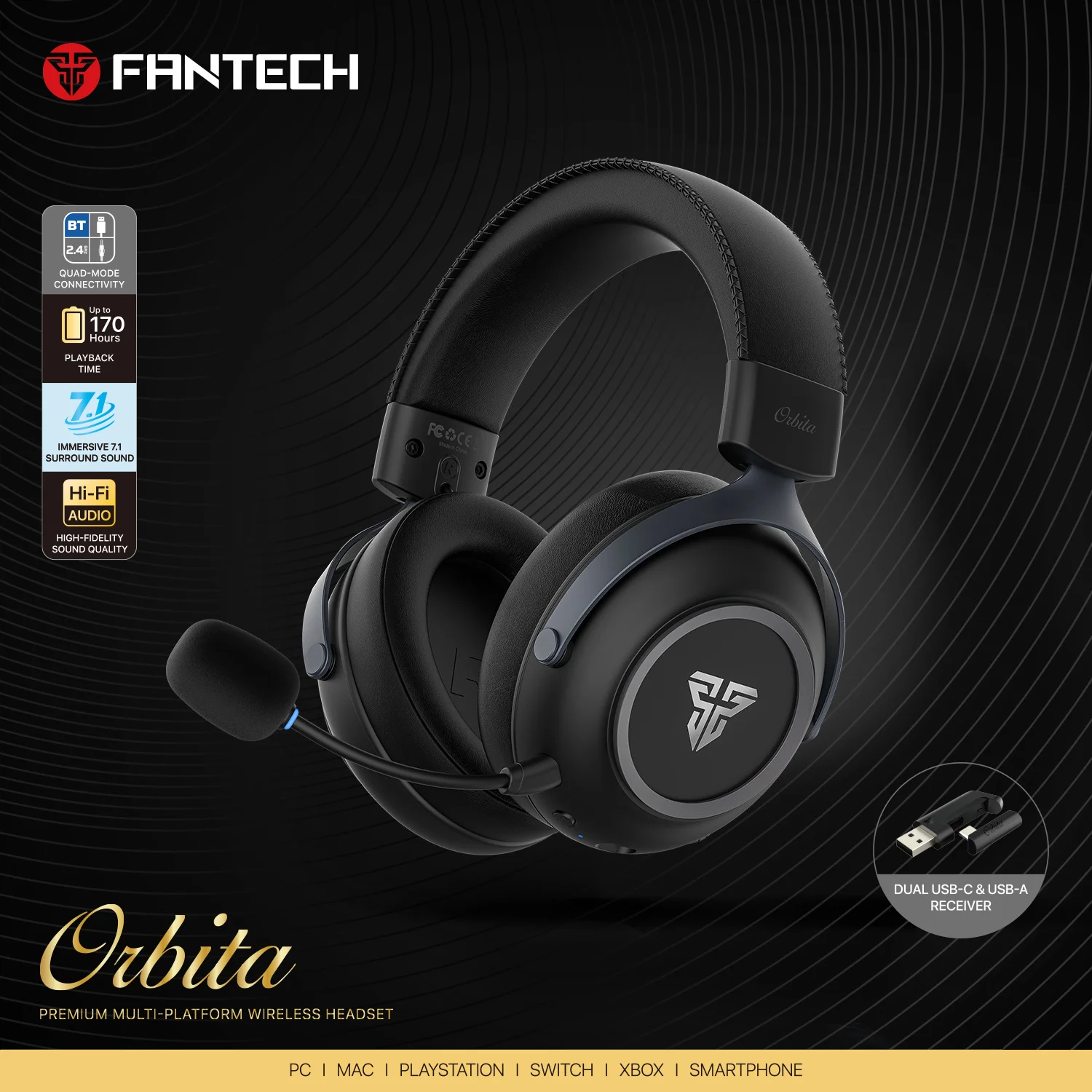 

FANTECH ORBITA WHG07 Wireless and Wired Headset 53mm Big Drive Use 170 Hours 7.1 Surround ANC Headphones with Microphone for PC