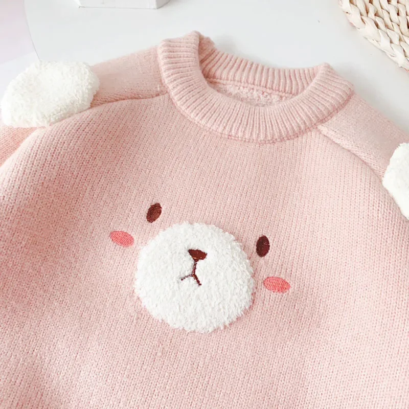 Children\'s Sweaters 1-6 Y Winter Girl\'s Add Fleece Knit Pullover Kid\'s Cute Cartoon Bear Sweater Thicken Warm Undercoat ﻿