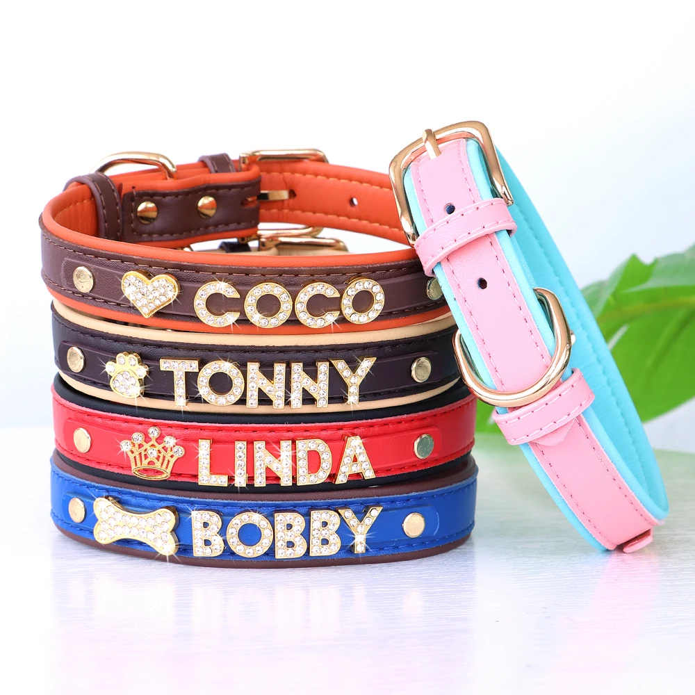 Personalized Puppy Dog Collar Bling Rhinestone Dogs Name Collars Chihuahua Pug Cat Collars Name Letter Charm Pet Accessories