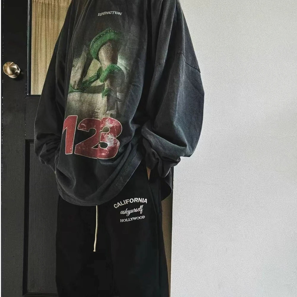 Yao Fashion RRR123 Vintage Casual Oversize Loose Sport High Street Graphics Print Cotton Tee Tops