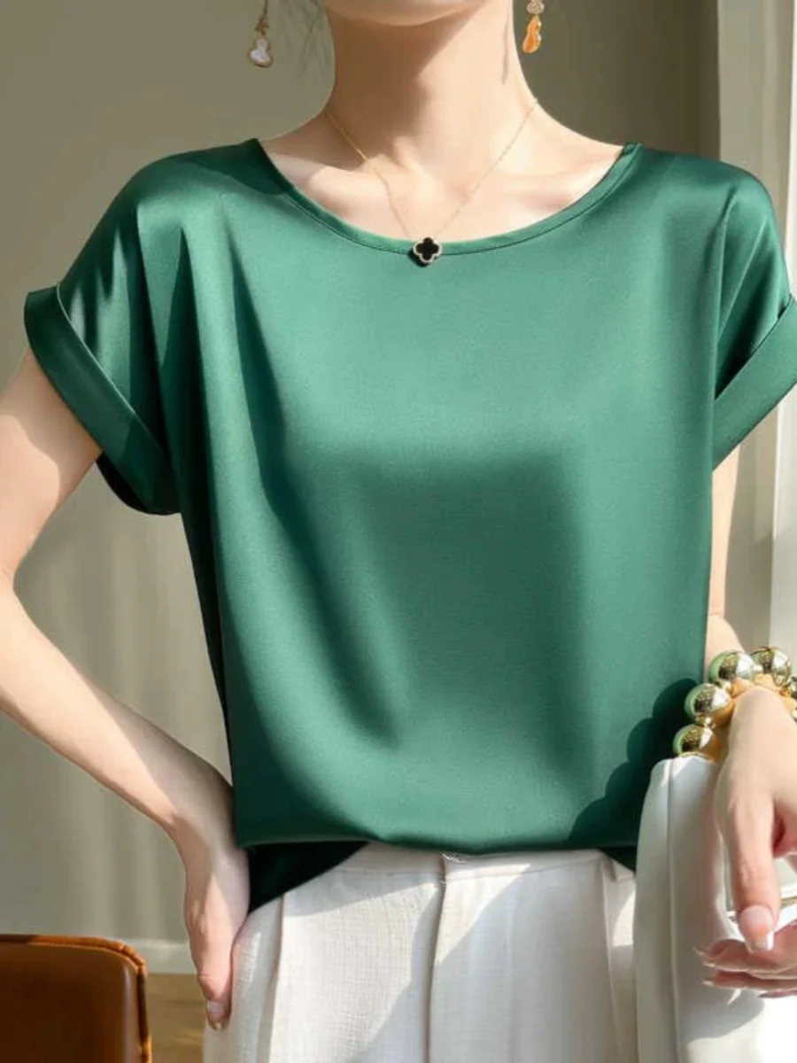 Silk ort Sve irt Summer New Sle Loose Faionable Schlankheits-Chiffon-Top Damen Premium Quali Round Ne Pul...