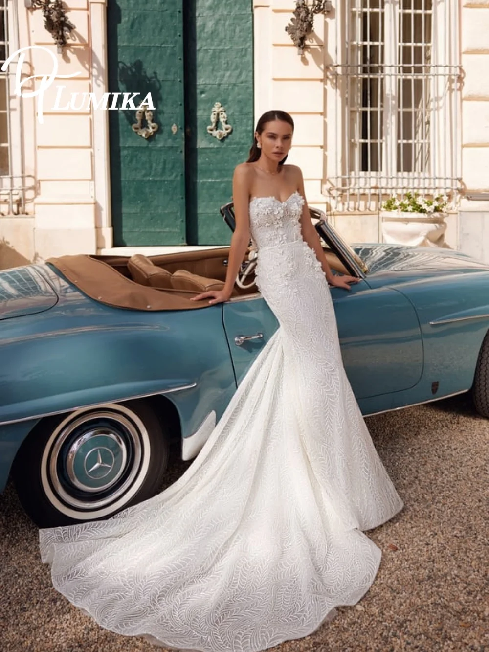 فستان زفاف براقة عاري الكتفين Capelet 2026 رومانسي ثلاثي الأبعاد-زهرة فستان زفاف لذيذ حورية البحر طول الأرض فستان الزفاف رداء