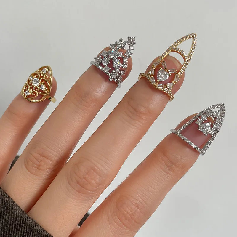 Delicate Full Crystal Nail Rings for Women Girls Fingertip Ring Adjustable Tip Nail Cap Loop Finger Accessories Wedding Jewelry