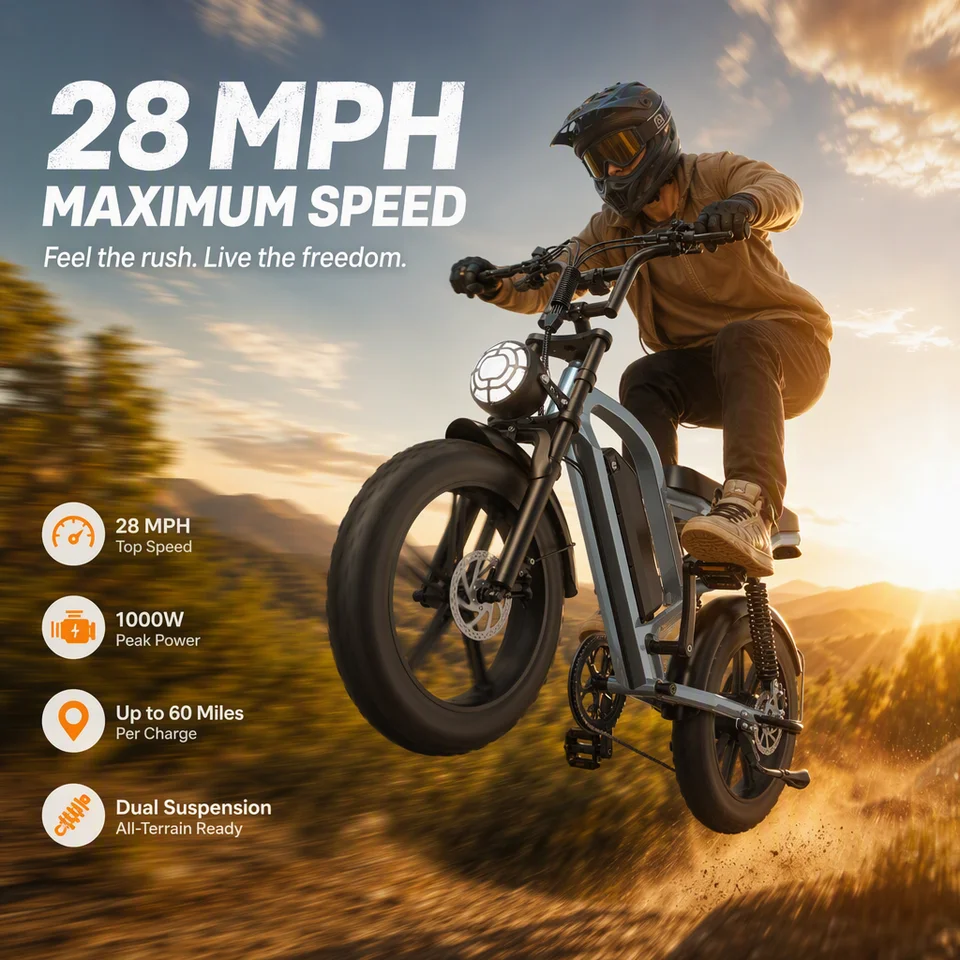 Peak 750W Brushless Motor E-Bike, 20x4.0 Fat Tire Electric Mountain Bike with 100Nm Torque, 60-Mile Max Range, Dual Disc Brakes for Snow, Sand & Mud image 9