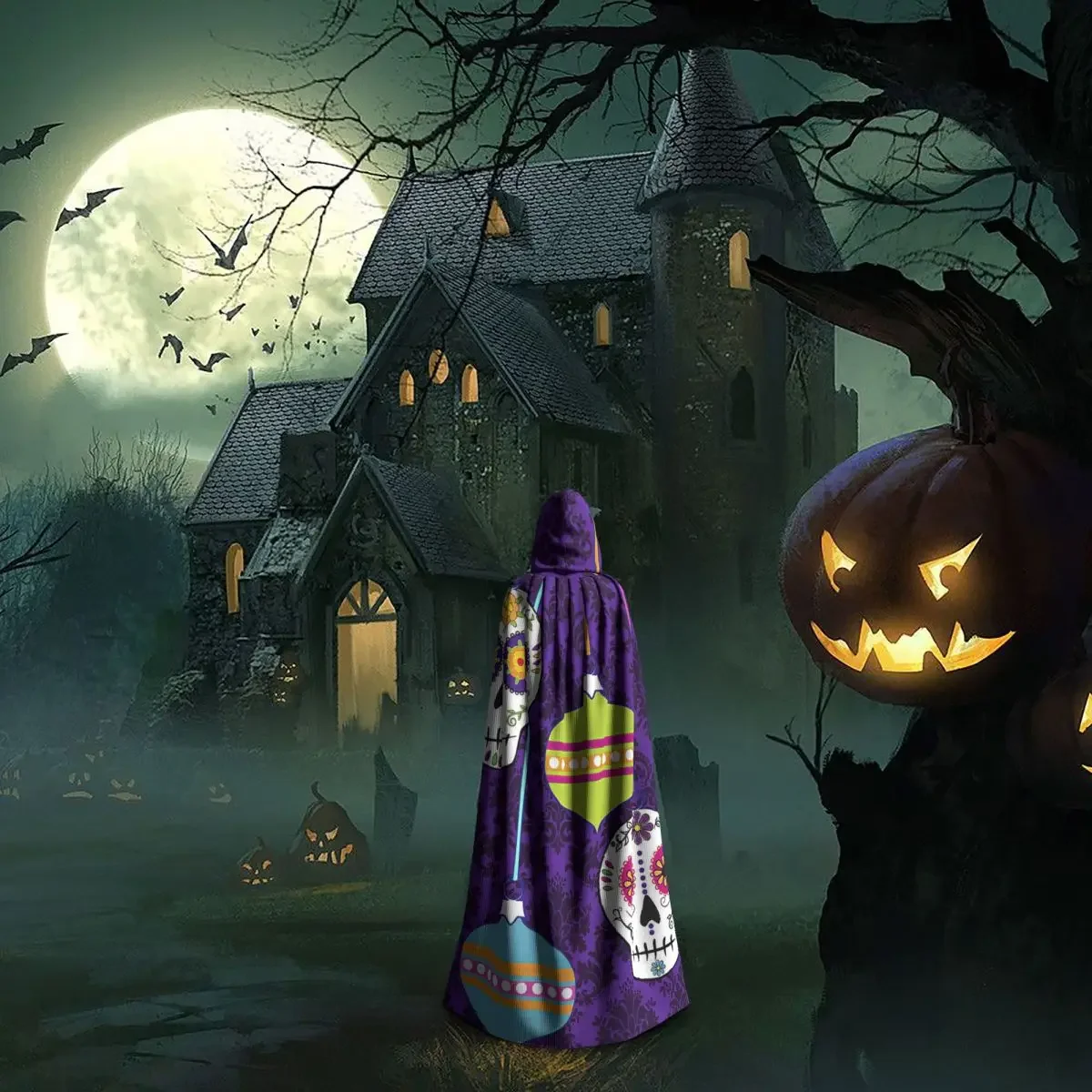 Feliz Navidad Vakantie Suiker Schedels Kunst Print Capuchon Mantel Halloween Feest Cosplay Vrouw Mannen Volwassen Lange Hekserij Gewaad Capuchon