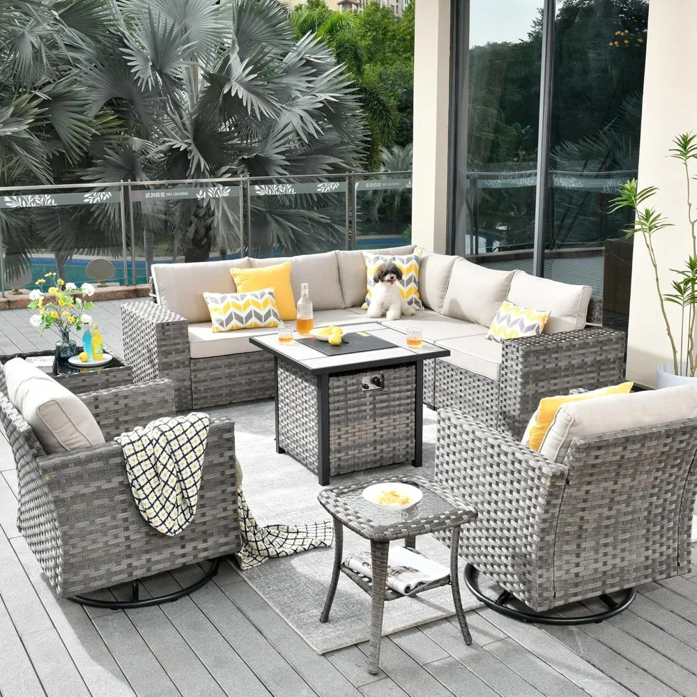 

10 Piece Patio Outdoor Sectional Furniture Set with Gas Propane Fire Pit Table,Wicker Conversation Sofa Set with Swivel Chairs