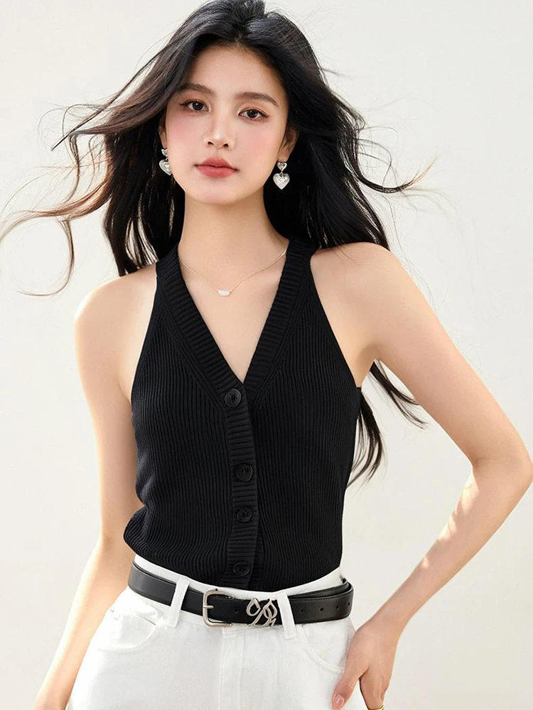 ソリッドカラーニットベスト女性のための 2025 夏の新 V ネックノースリーブトップス韓国スタイルのファッションタンクトップ