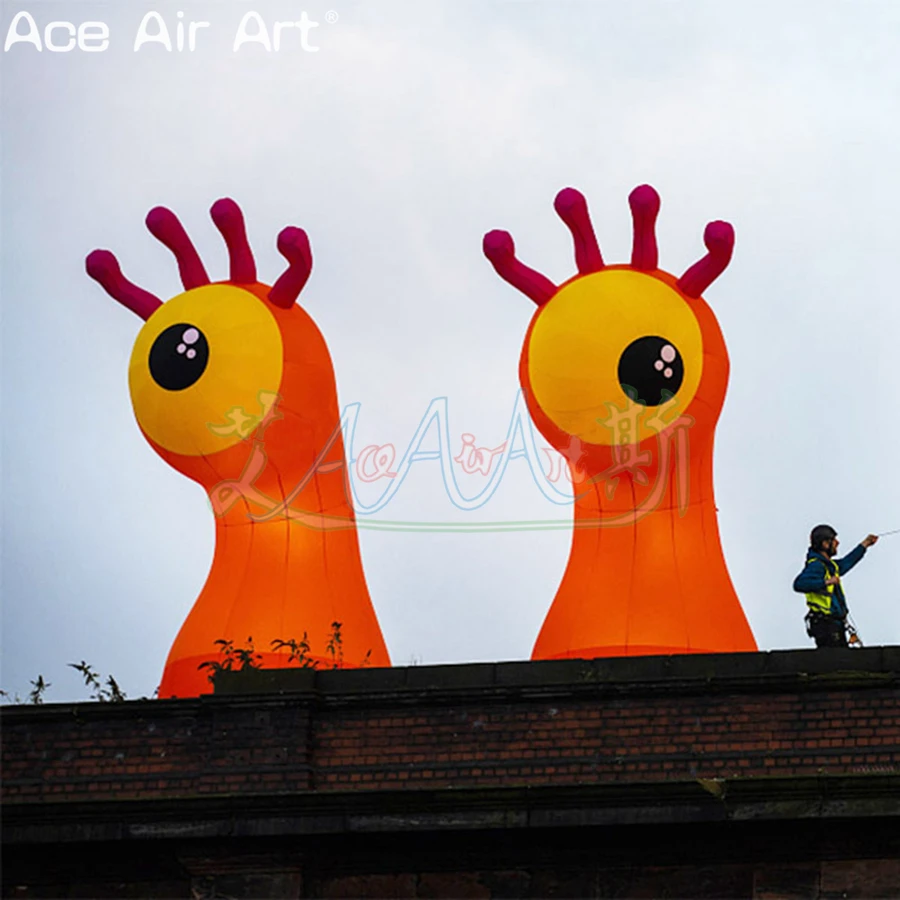 A Pair Cute Inflatable One Eyed Monster Orange Single-eye Biological Models Can Be Added with RGB Lights for Outdoor Activities