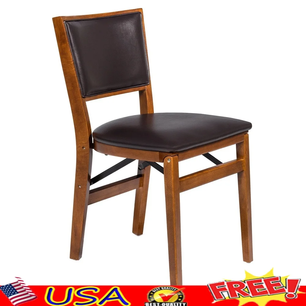 

Retro Upholstered Folding Chair Set of 2 Brown Bonded Leather Comfortable Steel Frame Indoor Use Easy Storage