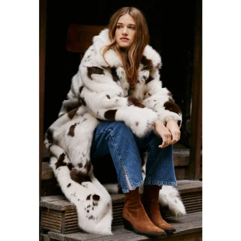 Women Faux Fur Cow Pattern Coat Warm New Autumn Winter Faux Fox Fur Lapel Female Elegant Cardigan Pocket Outwear